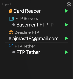 Sidebar Import group listing Card Reader, FTP Servers, Deadline FTP, and FTP Tether sources.
